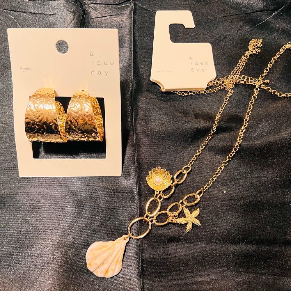 Gold Earrings and Beachy Necklace set.